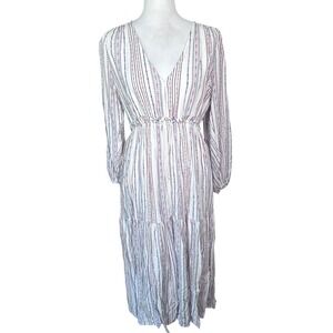 FEW MODA Women's Small White Pink Blue Tribal Stripe V-Neck Midi‎ Dress Boho